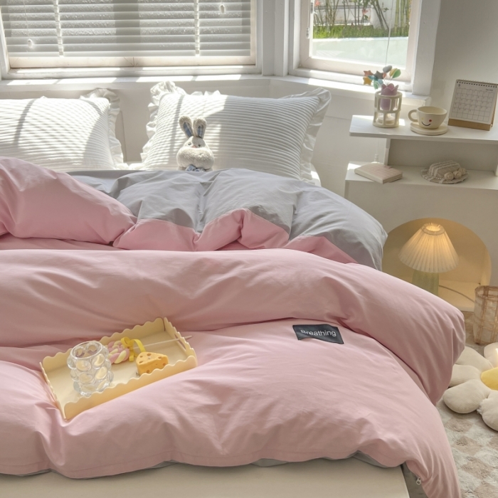 91家纺网 家纺一手货源 找家纺 绵庭家纺 2023新款全棉水洗棉拼色单被套 少女粉+绅士灰