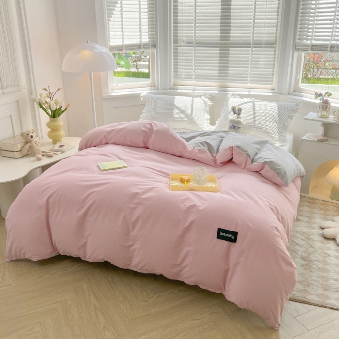 91家纺网 家纺一手货源 找家纺 绵庭家纺 2023新款全棉水洗棉拼色单被套 少女粉+绅士灰