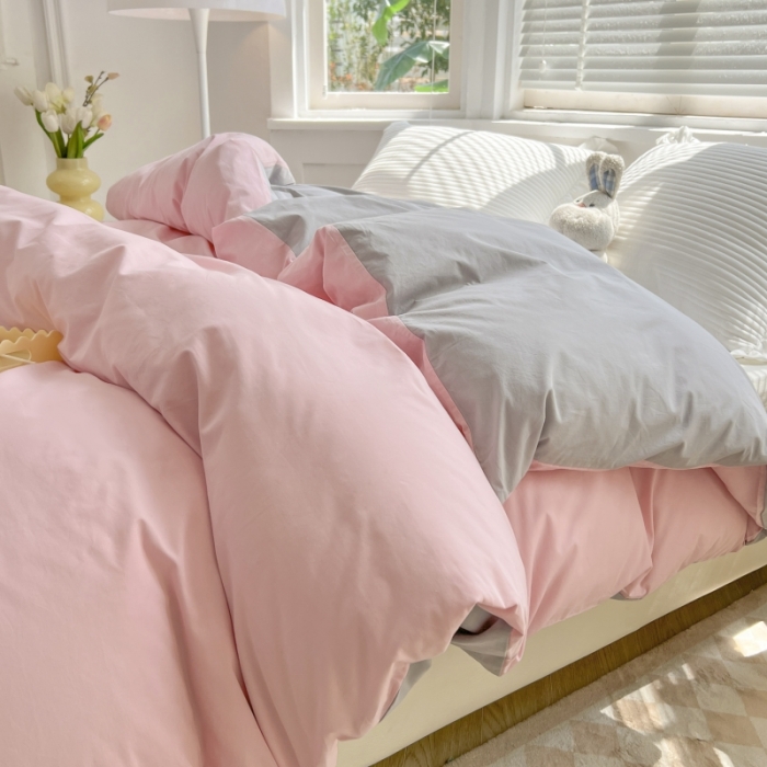 91家纺网 家纺一手货源 找家纺 绵庭家纺 2023新款全棉水洗棉拼色单被套 少女粉+绅士灰