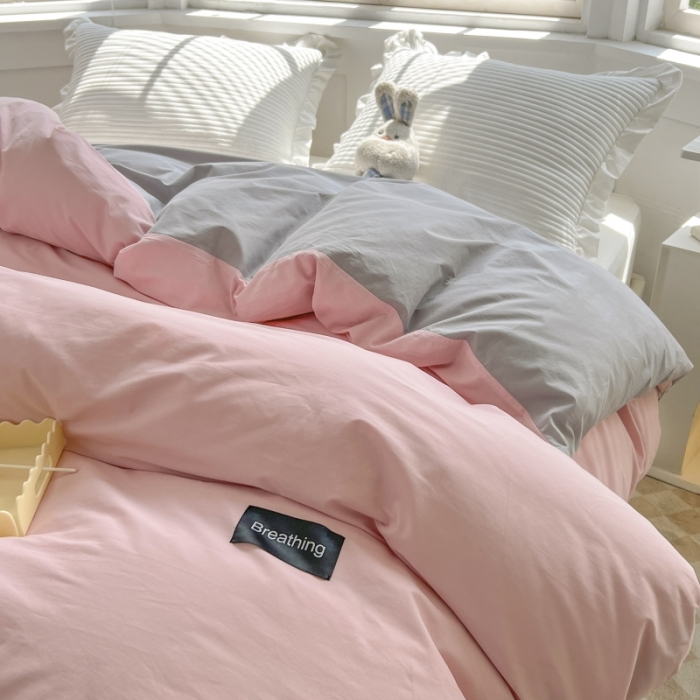 91家纺网 家纺一手货源 找家纺 绵庭家纺 2023新款全棉水洗棉拼色单被套 少女粉+绅士灰