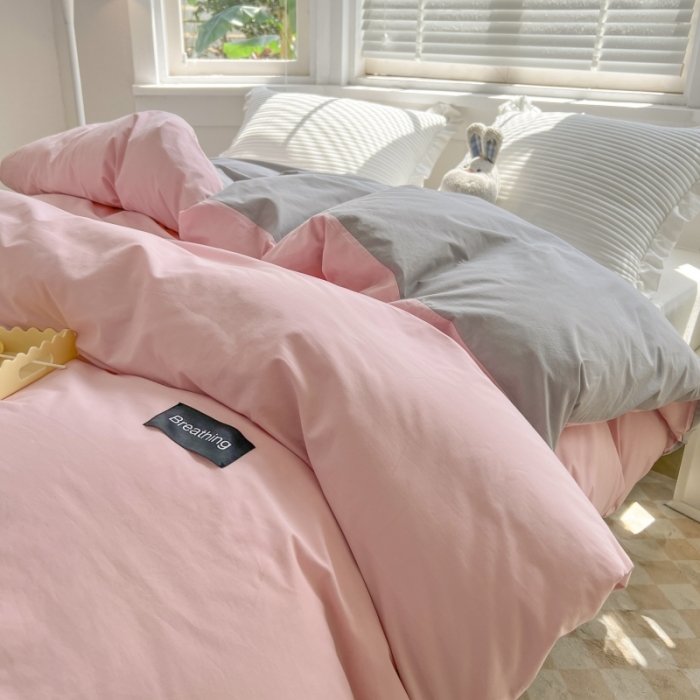 91家纺网 家纺一手货源 找家纺 绵庭家纺 2023新款全棉水洗棉拼色单被套 少女粉+绅士灰
