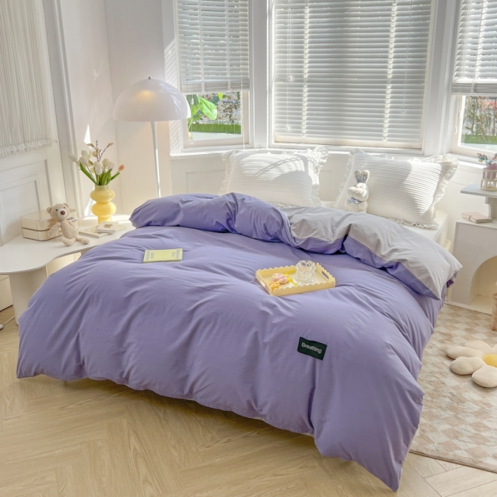91家纺网 家纺一手货源 找家纺 绵庭家纺 2023新款全棉水洗棉拼色单被套 深紫+绅士灰