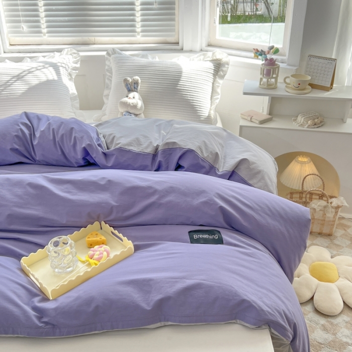 91家纺网 家纺一手货源 找家纺 绵庭家纺 2023新款全棉水洗棉拼色单被套 深紫+绅士灰