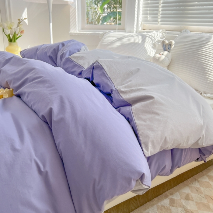 91家纺网 家纺一手货源 找家纺 绵庭家纺 2023新款全棉水洗棉拼色单被套 深紫+绅士灰