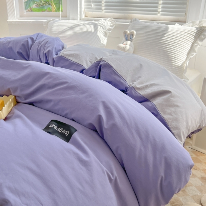 91家纺网 家纺一手货源 找家纺 绵庭家纺 2023新款全棉水洗棉拼色单被套 深紫+绅士灰