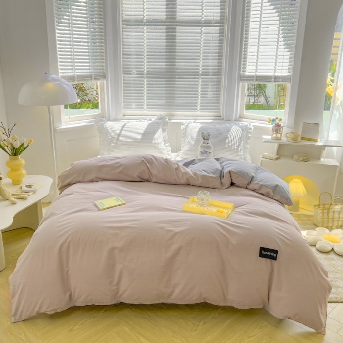 91家纺网 家纺一手货源 找家纺 绵庭家纺 2023新款全棉水洗棉拼色单被套 烟粉+绅士灰