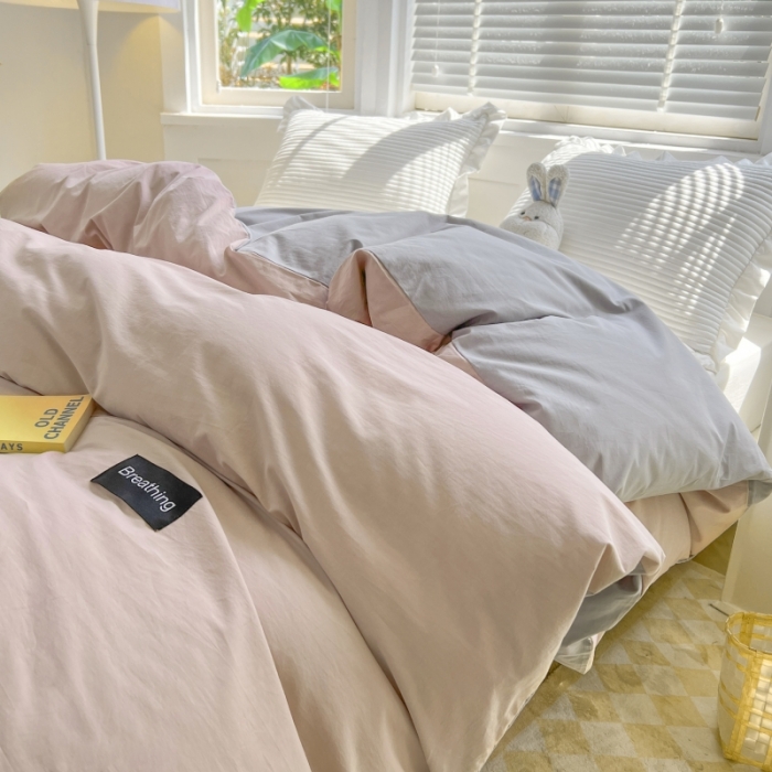 91家纺网 家纺一手货源 找家纺 绵庭家纺 2023新款全棉水洗棉拼色单被套 烟粉+绅士灰