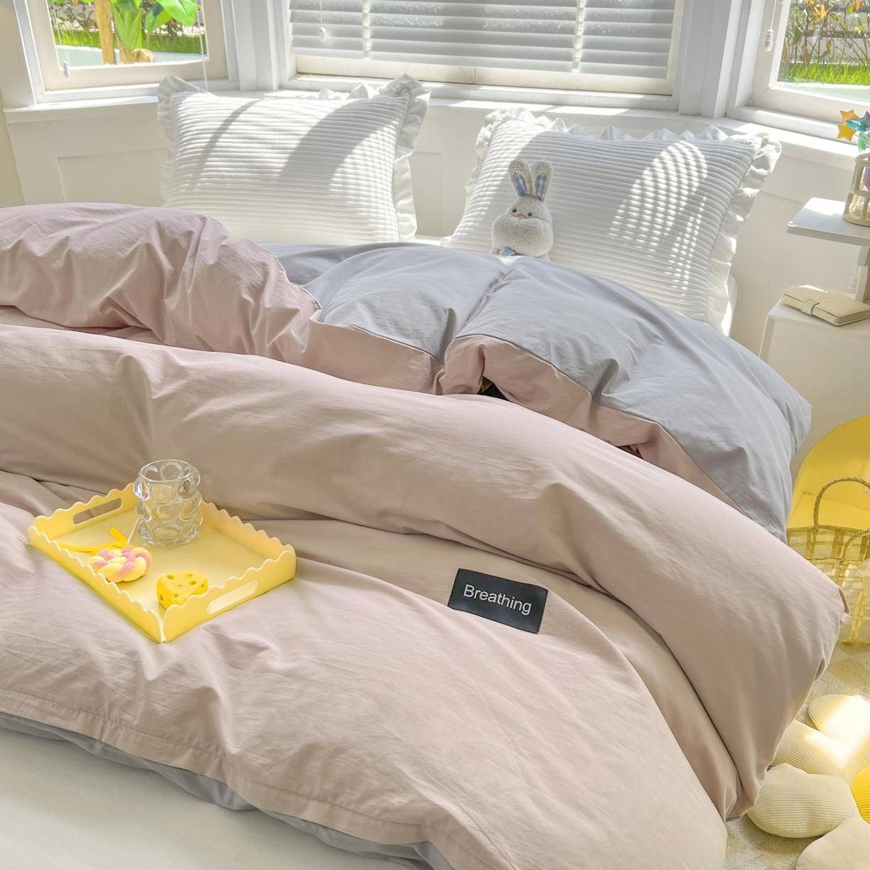 91家纺网 家纺一手货源 找家纺 绵庭家纺 2023新款全棉水洗棉拼色单被套 烟粉+绅士灰