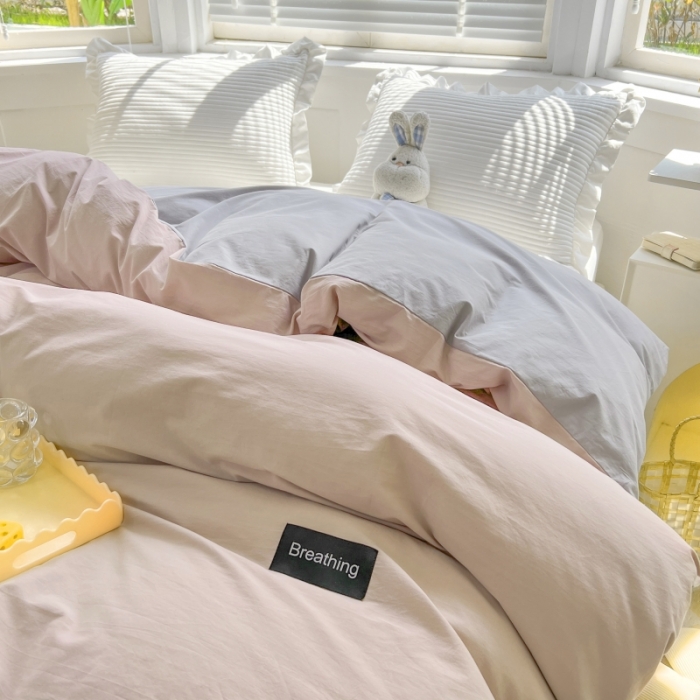 91家纺网 家纺一手货源 找家纺 绵庭家纺 2023新款全棉水洗棉拼色单被套 烟粉+绅士灰