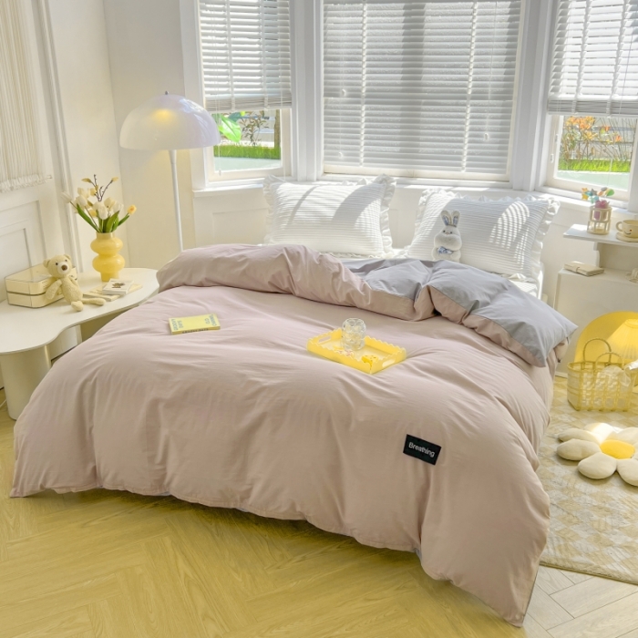 91家纺网 家纺一手货源 找家纺 绵庭家纺 2023新款全棉水洗棉拼色单被套 烟粉+绅士灰