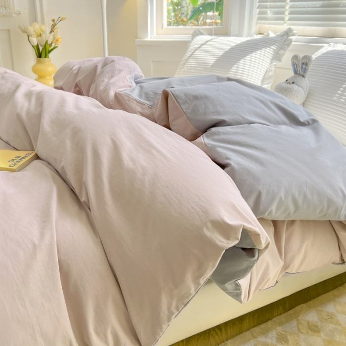 91家纺网 家纺一手货源 找家纺 绵庭家纺 2023新款全棉水洗棉拼色单被套 烟粉+绅士灰