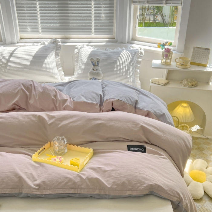 91家纺网 家纺一手货源 找家纺 绵庭家纺 2023新款全棉水洗棉拼色单被套 烟粉+绅士灰