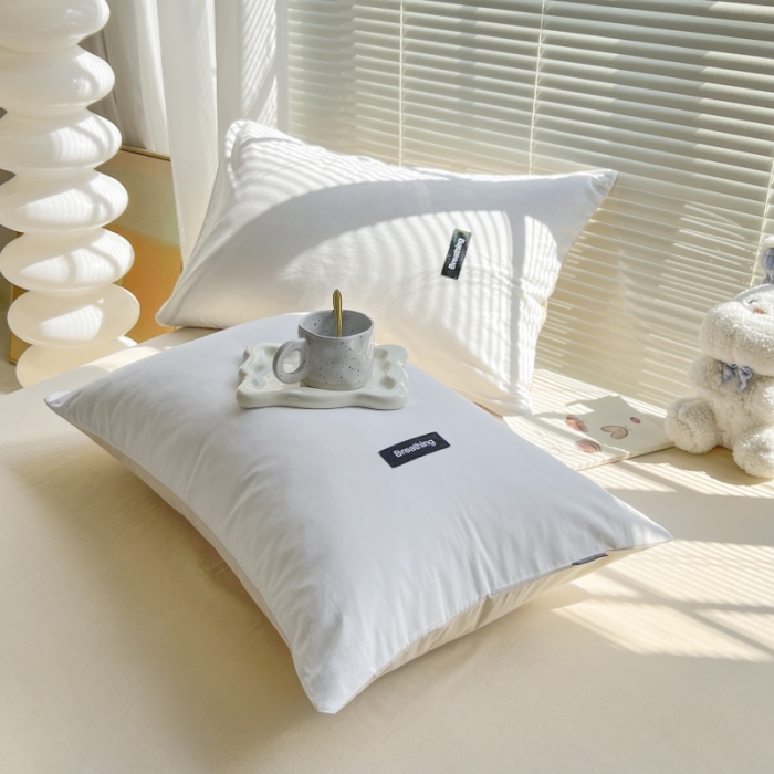 91家纺网 家纺一手货源 找家纺 绵庭家纺 2023新款全棉水洗棉拼色单品枕套 贵族白+卡其