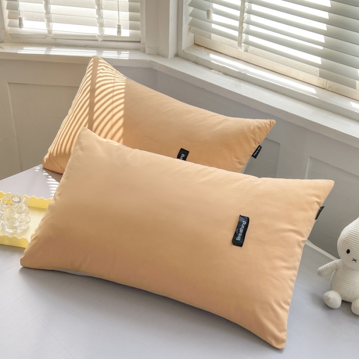 91家纺网 家纺一手货源 找家纺 绵庭家纺 2023新款全棉水洗棉拼色单品枕套 桔色+绅士灰