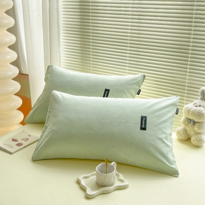 91家纺网 家纺一手货源 找家纺 绵庭家纺 2023新款全棉水洗棉拼色单品枕套 水绿+奶油黄