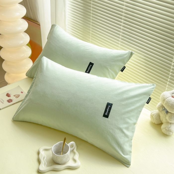 91家纺网 家纺一手货源 找家纺 绵庭家纺 2023新款全棉水洗棉拼色单品枕套 水绿+奶油黄