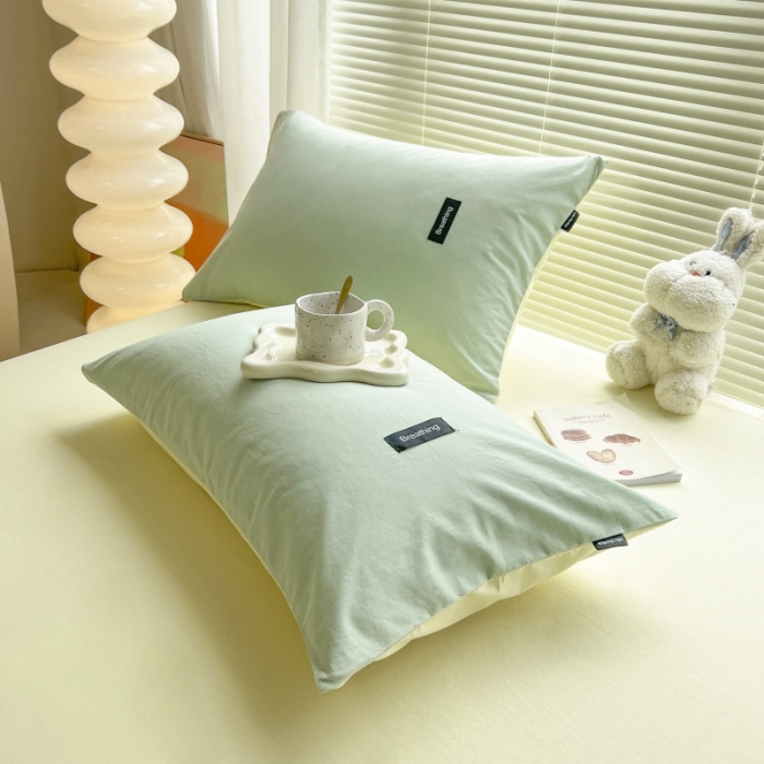 91家纺网 家纺一手货源 找家纺 绵庭家纺 2023新款全棉水洗棉拼色单品枕套 水绿+奶油黄