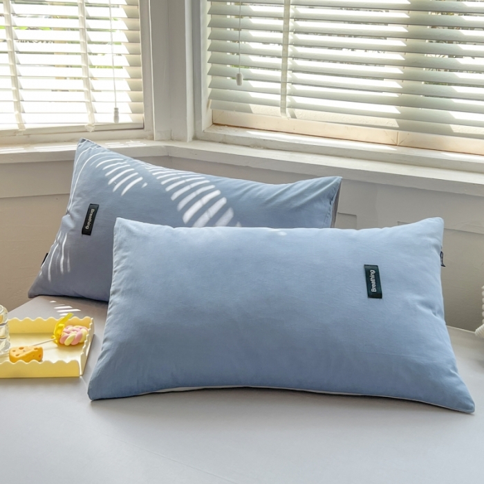 91家纺网 家纺一手货源 找家纺 绵庭家纺 2023新款全棉水洗棉拼色单品枕套 幸运蓝+绅士灰