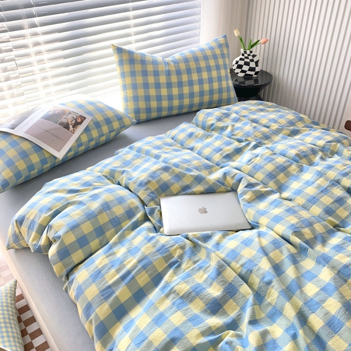 91家纺网 家纺一手货源 找家纺 （总）价格下调三沁直播爆AAB版款纯棉全棉色织水洗棉简约格子式四件套（床单直角）