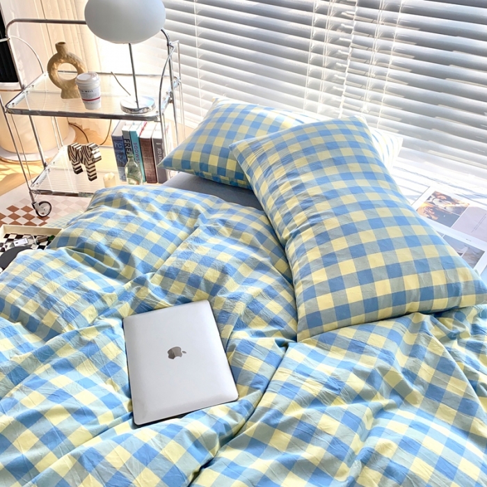 91家纺网 家纺一手货源 找家纺 （总）价格下调三沁直播爆AAB版款纯棉全棉色织水洗棉简约格子式四件套（床单直角）