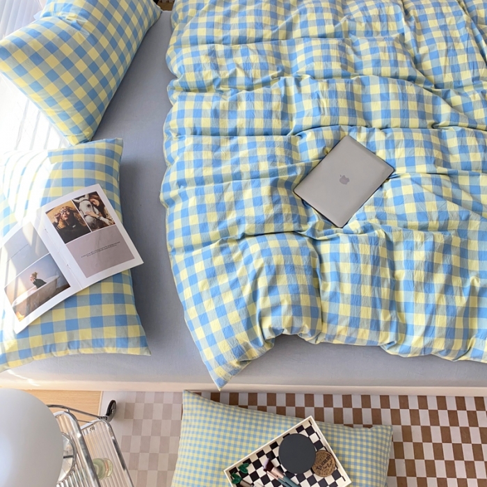 91家纺网 家纺一手货源 找家纺 （总）价格下调三沁直播爆AAB版款纯棉全棉色织水洗棉简约格子式四件套（床单直角）