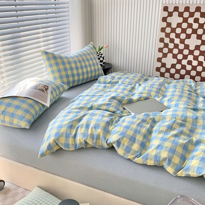 91家纺网 家纺一手货源 找家纺 （总）价格下调三沁直播爆AAB版款纯棉全棉色织水洗棉简约格子式四件套（床单直角）