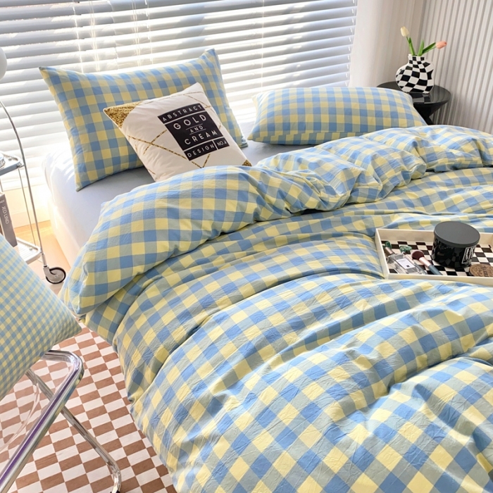 91家纺网 家纺一手货源 找家纺 （总）价格下调三沁直播爆AAB版款纯棉全棉色织水洗棉简约格子式四件套（床单直角）