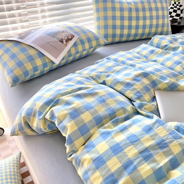 91家纺网 家纺一手货源 找家纺 （总）价格下调三沁直播爆AAB版款纯棉全棉色织水洗棉简约格子式四件套（床单直角）