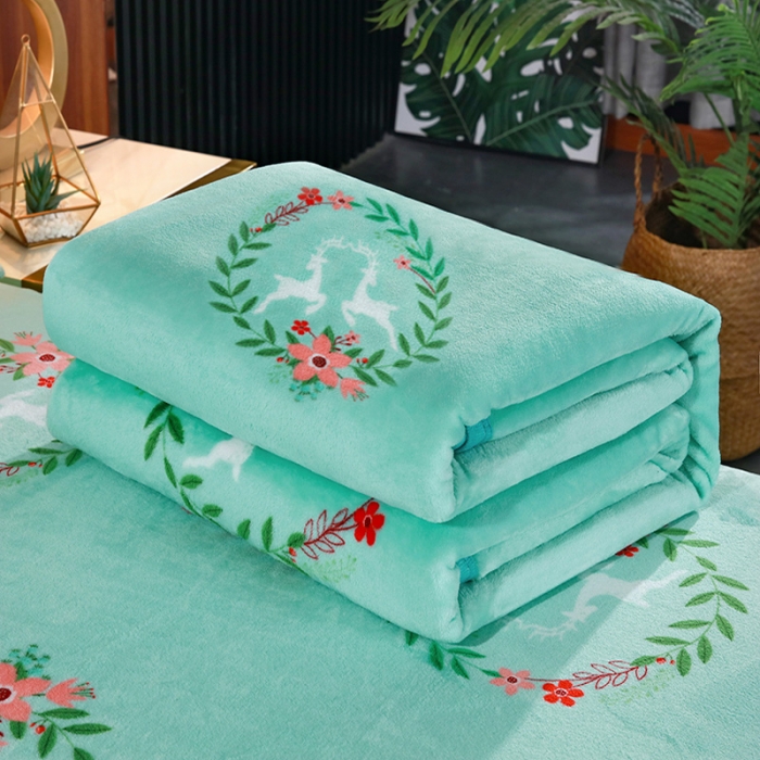 91家纺网 家纺一手货源 找家纺 赋雅 新款300克双面绒毯子超柔加厚云貂绒法莱绒 花环鹿