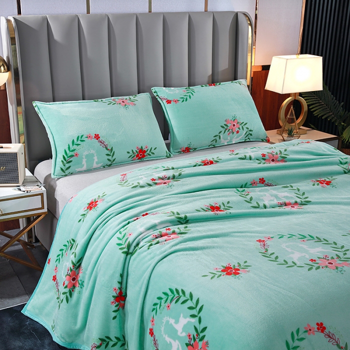 91家纺网 家纺一手货源 找家纺 赋雅 新款300克双面绒毯子超柔加厚云貂绒法莱绒 花环鹿