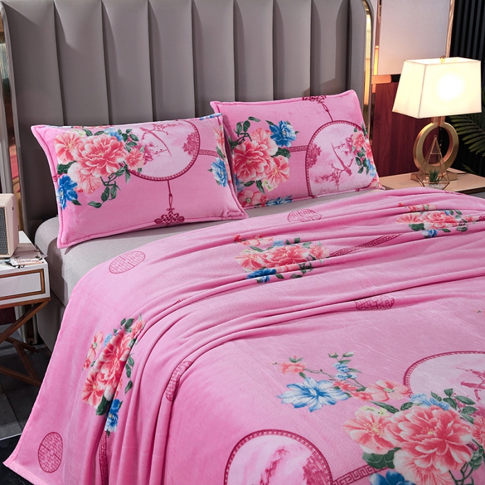 91家纺网 家纺一手货源 找家纺 赋雅 新款300克双面绒毯子超柔加厚云貂绒法莱绒 花镜 粉