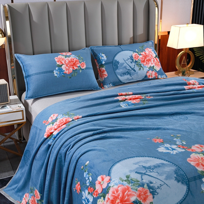 91家纺网 家纺一手货源 找家纺 赋雅 新款300克双面绒毯子超柔加厚云貂绒法莱绒 花镜 蓝