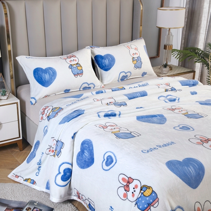 91家纺网 家纺一手货源 找家纺 赋雅 新款300克双面绒毯子超柔加厚云貂绒法莱绒 爱心兔