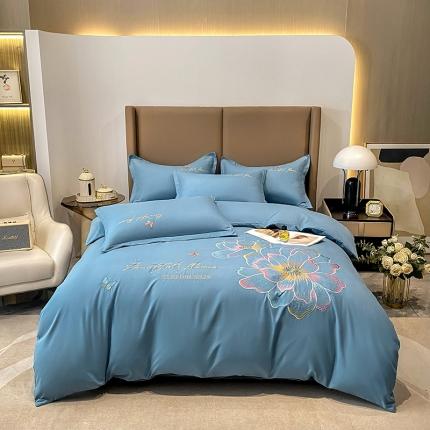 91家纺网 家纺一手货源 找家纺 帝菲妮 2025新款暖阳磨毛刺绣四件套-盛世花开 盛世花开-蓝色