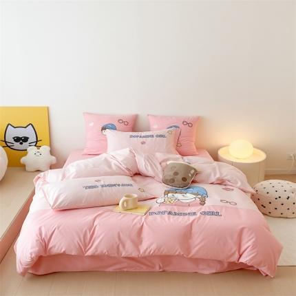 91家纺网 家纺一手货源 找家纺 （总）星野 2023新款40s水洗棉贴布绣四件套-多巴胺女孩,多巴胺女孩