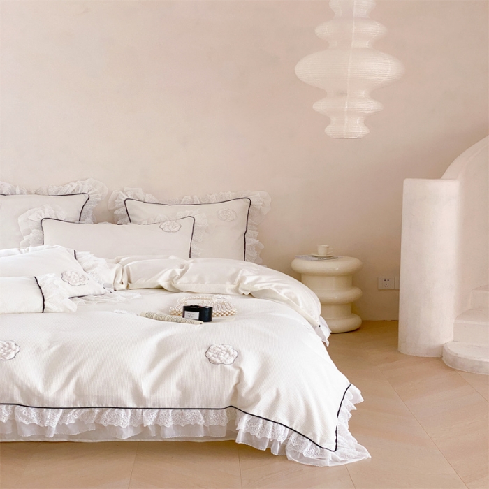 91家纺网 家纺一手货源 找家纺 （总）星野 2023新款100支双股澳棉华夫格四件套-白色恋人