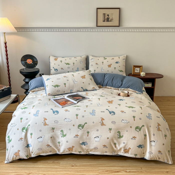 91家纺网 家纺一手货源 找家纺 一比一 直播爆款超柔提花小竺棉法式复古亲肤水洗四件套 恐龙当家