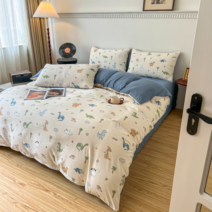 91家纺网 家纺一手货源 找家纺 一比一 直播爆款超柔提花小竺棉法式复古亲肤水洗四件套 恐龙当家