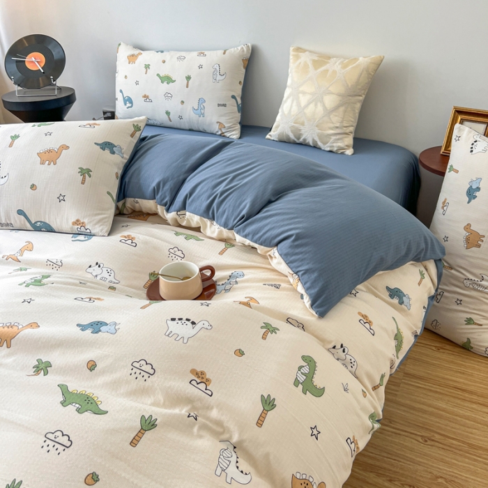 91家纺网 家纺一手货源 找家纺 一比一 直播爆款超柔提花小竺棉法式复古亲肤水洗四件套 恐龙当家