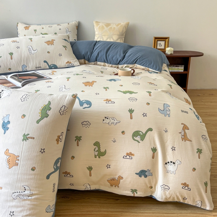 91家纺网 家纺一手货源 找家纺 一比一 直播爆款超柔提花小竺棉法式复古亲肤水洗四件套 恐龙当家