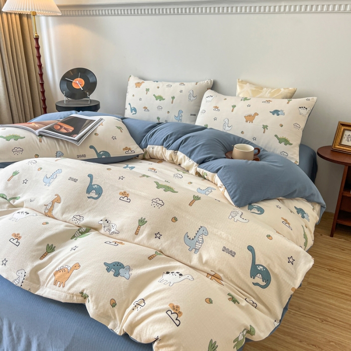 91家纺网 家纺一手货源 找家纺 一比一 直播爆款超柔提花小竺棉法式复古亲肤水洗四件套 恐龙当家