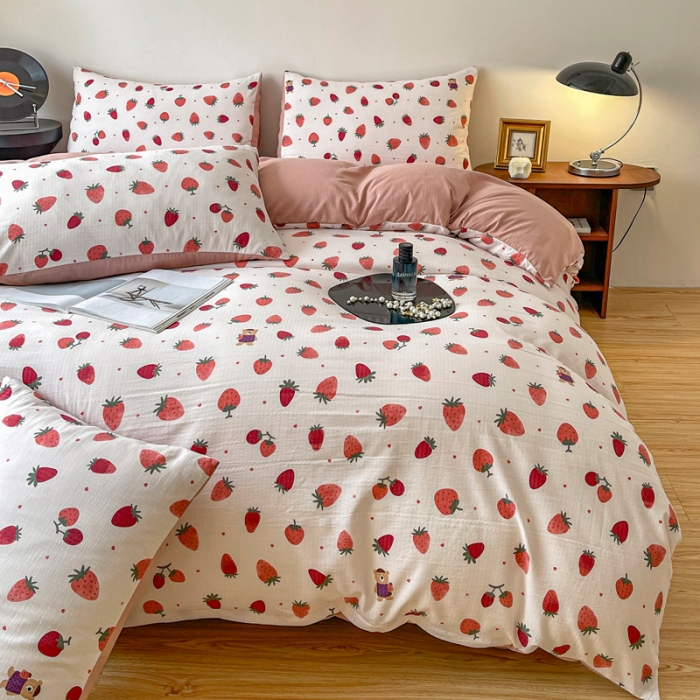 91家纺网 家纺一手货源 找家纺 一比一 直播爆款超柔提花小竺棉法式复古亲肤水洗四件套 草莓啵啵