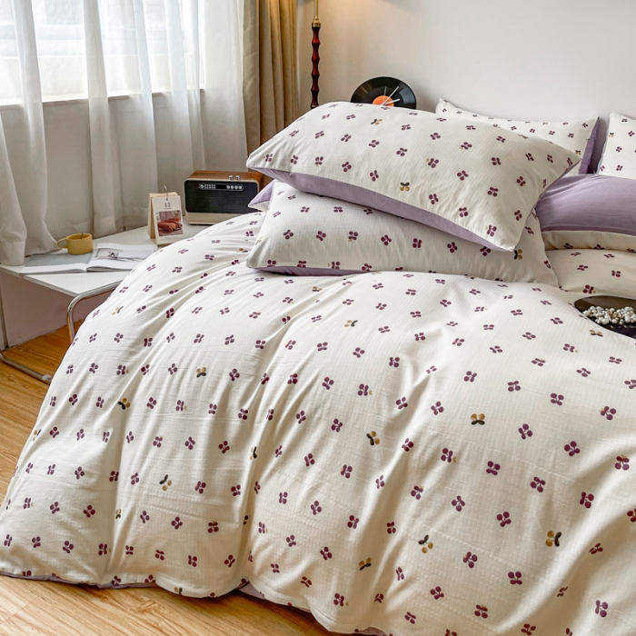 91家纺网 家纺一手货源 找家纺 一比一 2023直播爆款超柔提花小竺棉法式复古亲肤水洗四件套紫樱桃