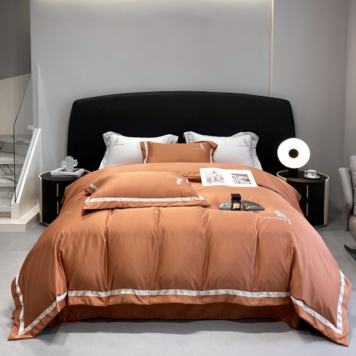 91家纺网 家纺一手货源 找家纺 优悦生活馆 2023新款布鲁系列轻奢磨毛四件套 布鲁-橘色