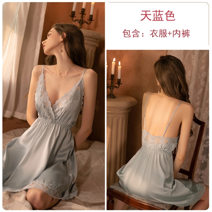91家纺网 家纺一手货源 找家纺 洛兰沙 2023新款外贸冰丝蕾丝吊带和两件套 267欧拉天蓝色