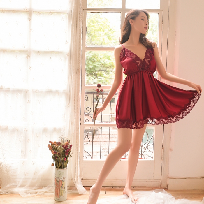 91家纺网 家纺一手货源 找家纺 洛兰沙 2023新款外贸冰丝蕾丝吊带和两件套-267小蝶 酒红