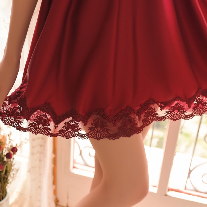91家纺网 家纺一手货源 找家纺 洛兰沙 2023新款外贸冰丝蕾丝吊带和两件套-267小蝶 酒红