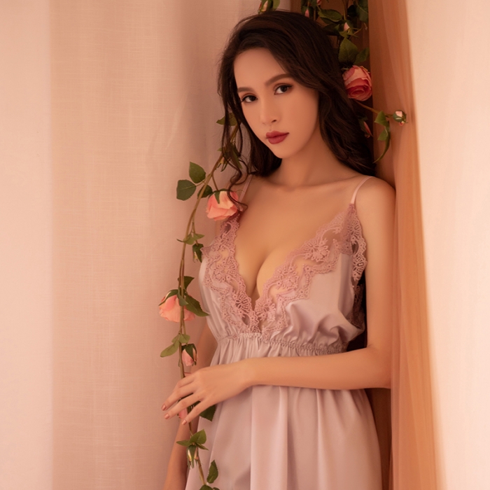 91家纺网 家纺一手货源 找家纺 洛兰沙 2023新款外贸冰丝蕾丝吊带和两件套-267小蝶 藕粉