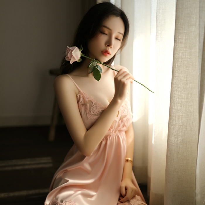 91家纺网 家纺一手货源 找家纺 洛兰沙 2023新款外贸冰丝蕾丝吊带和两件套-267小蝶 粉色