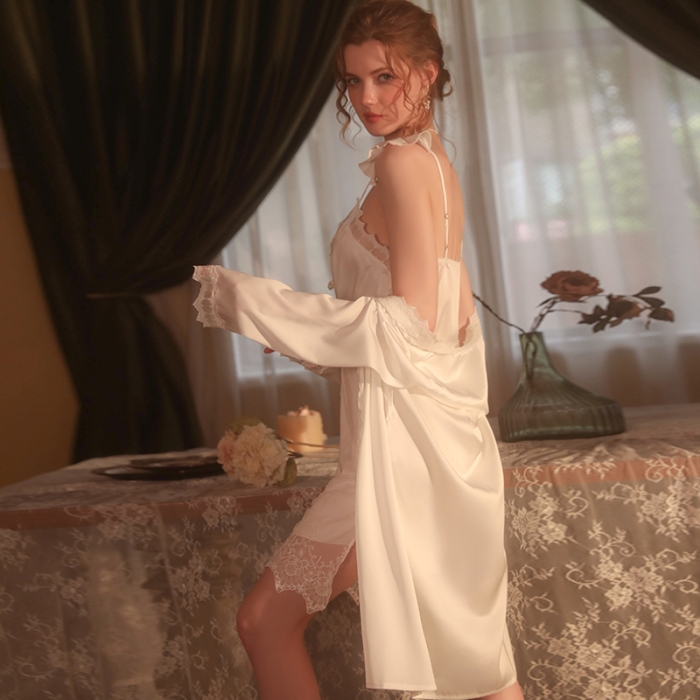 91家纺网 家纺一手货源 找家纺 洛兰沙 2023新款外贸冰丝蕾丝吊带和两件套-1574维多利亚 白色